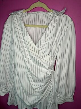 Striped Wrap Dress in White with Black Pinstripes
